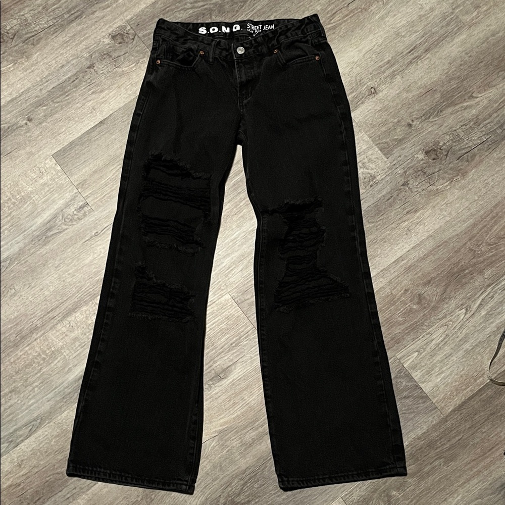 S.O.NG. Black Distressed Wide Leg Jeans